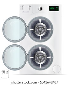 Open Front Load White Double Washing Machine Isolated on a white Background. 
