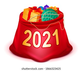 Abrir bolsa roja llena de santa claus con regalos para la Navidad 2021 y el año nuevo. Isolación en la ilustración de la caricatura del vector blanco