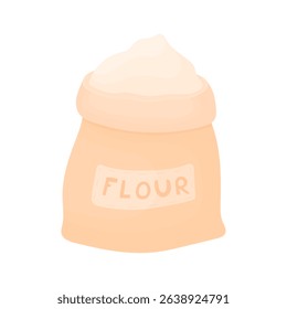 Open full sack of flour. Wheat product. Element of farm work. Product for cooking.