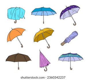 Open funny cute umbrella vector illustrations set