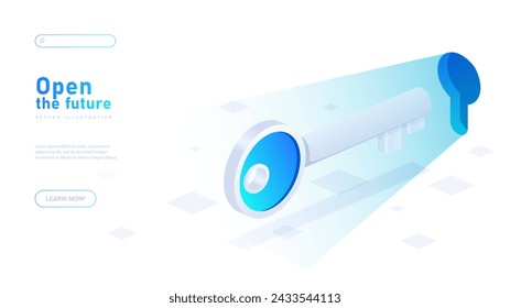 Open future white poster. Key in doorlock. Metaphor of motivation and success. Business project or start up. Landing webpage design. Neon isometric vector illustration isolated on white background