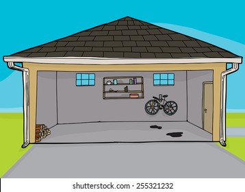 Open garage with bike and firewood pile inside