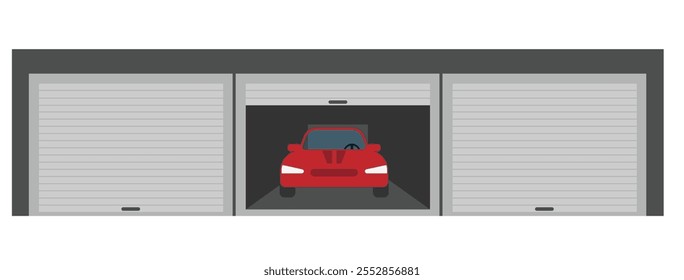 Garagem aberta com carro dentro estilo plano. Estacionamento na área rural arte vetorial