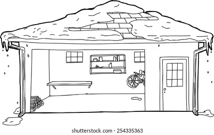Open garage door with doorway and snow on roof