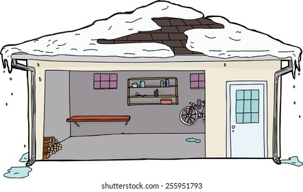 Open garage door with log pile and melting snow on roof