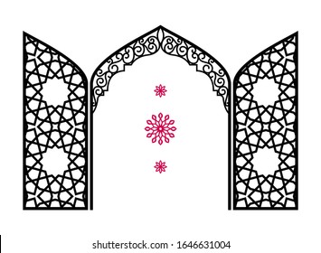 Open gate with carvings, traditional arabic ornament. Vector illustration on a white background.