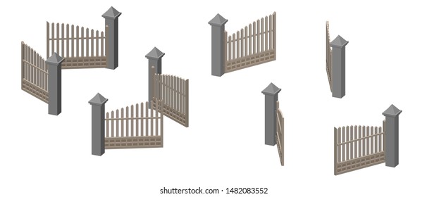 Open gate. Isolated on white background. 3d Vector illustration. Different viewes. Dimetric projection.