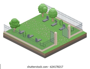 Open Gate to the old cemetery. Isometric view. Vector flat illustration.