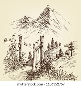 Open gate to the road to mountain. Alpine landscape drawing