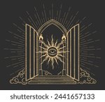 Open gates of heaven with sun and all-seeing eye, portal with grate door in clouds, arch entrance to paradise, vector
