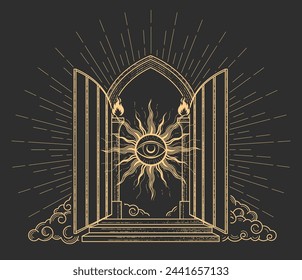 Open gates of heaven with sun and all-seeing eye, portal with grate door in clouds, arch entrance to paradise, vector