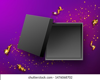 Open gift black box top view realistic vector illustration. Empty present box on purple background with gold confetti or golden spiral twisted tinsel., birthday, New Year or Christmas design