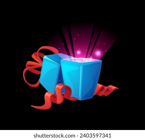 Open gift blue box decorated red bow with glow from inside vector icon. GUI surprise or reward element for game interface. Cartoon present package with ribbon for congratulation