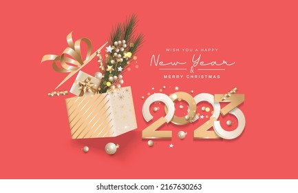 Open gift box 2023 new year and Christmas 2023 on red background concept. Christmas and new year 2023 for banner, template, greeting card and flyer. Merry Christmas and new year background