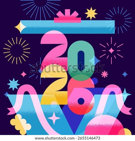 Open gift box with with 2026 number inside. Vector flat geometric illustration. Holiday design for New Year celebration, greeting cards, festive poster, banner, event invitation
