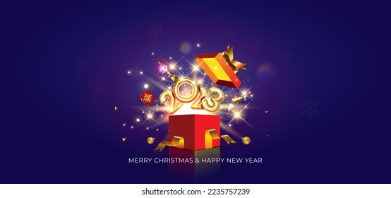 Open gift box and 3d 2023 Golden number pop out with fireworks and sparkle background. 2023 Happy New Year and merry christmas wishing card.