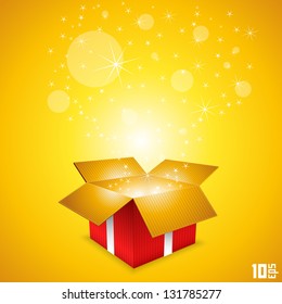 Open gift, Gift box background, Box strat fly, Gift red background, Vector illustration