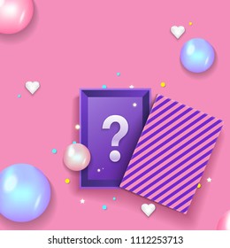 Open gift box with balloons isolated on pink. Secret box. Question mark. Top view. Vector illustration eps 10. Can be used for marketing, pop-up, poster, leaflet, brochure, online, web design.
