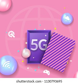 Open gift box with balloons isolated on pink. Secret box. 5G. Top view. Vector illustration eps 10. Can be used for marketing, pop-up, poster, leaflet, brochure, online, web design.