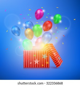 Open gift box with balloons and magic light