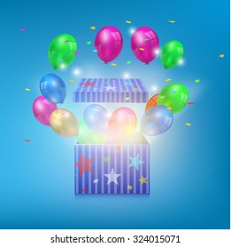 Open gift box with balloons and magic light