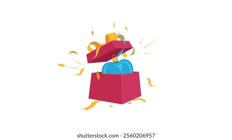 Open gift box banner design for surprises, Merry Christmas, holidays, loyalty program rewards, special giveaway packages, Valentine's Day, and birthday celebration gifts. Vector illustration.