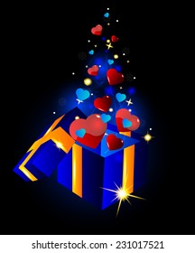 Open gift box with beautiful hearts on a glowing background