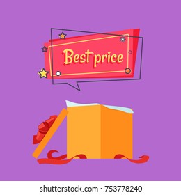 Open gift box in beige wrapping paper and red decorative tape and best price inscription vector isolated on purple background, special offer concept