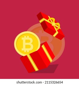 Open gift box with bitcoins, Chinese New Year concept gifting with cryptocurrency 