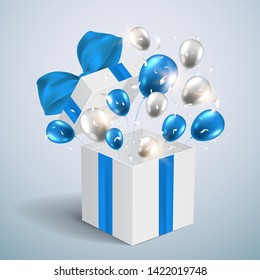 Open gift box with blue bow, balloons and confetti. Vector template greeting card for anniversary, holiday or birthday.