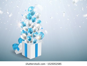 Open gift box with blue bow, balloons and falling confetti. Vector template greeting card for anniversary, holiday or birthday.