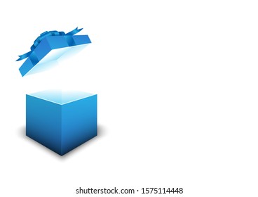 An open gift box in blue color of ribbon and box in white background, blank box template.