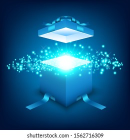 Open gift box with blue ray light, festival and celebration