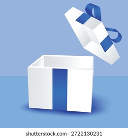 Caja de regalo abierta con la cinta azul, elemento promocional del diseño, sorpresa