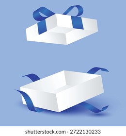 Caja de regalo abierta con la cinta azul, elemento promocional del diseño, sorpresa
