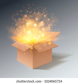 Open Gift Box With Bokeh Burst Effect. Side View. Cardboard Box. Isolated On A Grey Background. Vector Illustration.