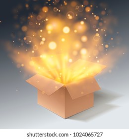 Open Gift Box With Bokeh Burst Effect. Side View. Cardboard Box. Isolated On A Grey Background. Vector Illustration.