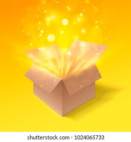 Open gift box with bokeh burst effect. Side view. Cardboard box. Isolated on a orange background. Vector illustration.