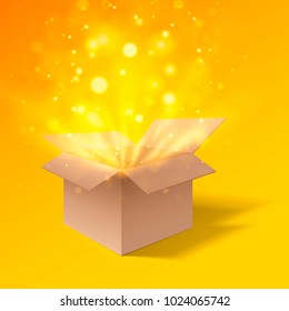 Open gift box with bokeh burst effect. Side view. Cardboard box. Isolated on a orange background. Vector illustration.