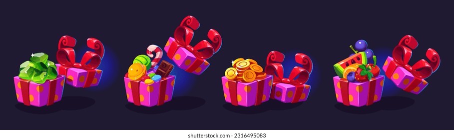 Open gift box with bonus money coin prize vector. Casino reward for lucky giveaway winner cartoon ui design. Mystery online promotion jackpot with trophy pack. Loot asset for lottery award or sale