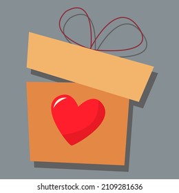 An open gift box with a bow and a heart. Day of love. valentine's day. A greeting card with a declaration of love. A flat vector image on a gray background.