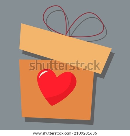 An open gift box with a bow and a heart. Day of love. valentine's day. A greeting card with a declaration of love. A flat vector image on a gray background.