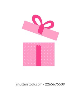 Open gift box with bow, pink celebration paper box icon isolated on white background. Holiday simple illustration