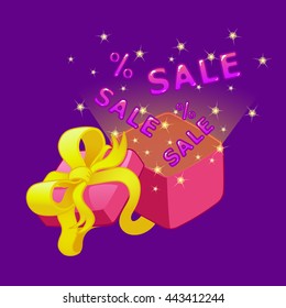 Open gift box with bow and ribbons. Sale and special offer.Vector illustration.