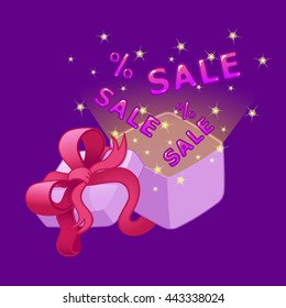 Open gift box with bow and ribbons.Sale.