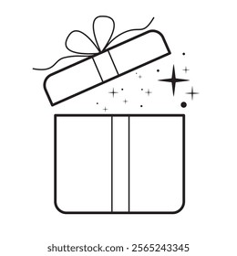 An open gift box with a bow, with stars and sparkles flying out from under the lid. Monochrome vector illustration isolated on white background