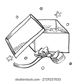 Uma caixa de presente aberta com um arco e estrelas. Ilustração vetorial para design de cartões de saudação, cartazes de férias e design de interiores para crianças