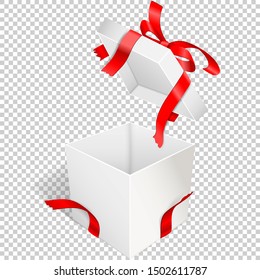Open gift box with bow and torn red satin ribbons. White case Isolated on a transparent background. Vector illustration.