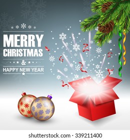 Open gift box with bright light and confetti, christmas background