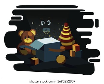 Open gift box with bright rays of light.a child in the dark opened a gift box with toys.Vector illustration.